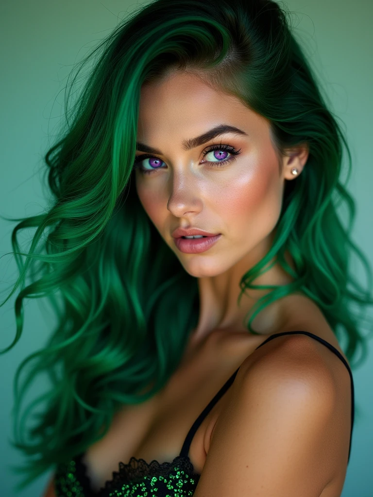 Green hair, purple eyes, gorgeous girl, big , Photo Studio style, booty , naked