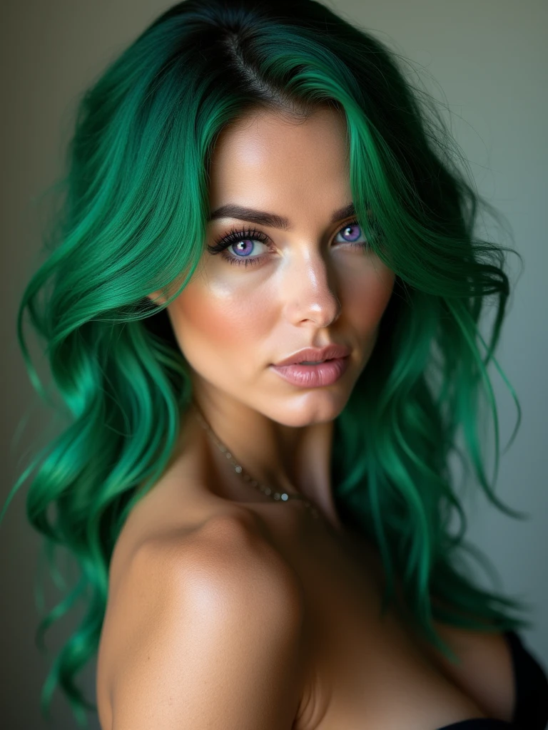 Green hair, purple eyes, gorgeous girl, big , Photo Studio style, booty , naked