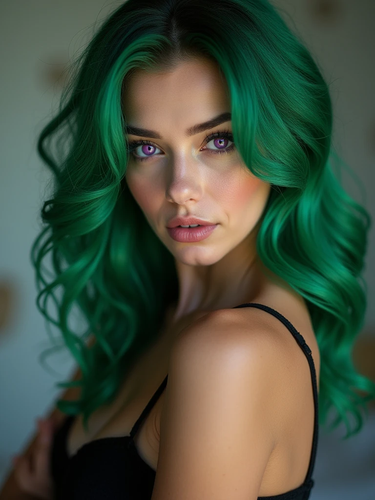 Green hair, purple eyes, gorgeous girl, big , Photo Studio style, booty , naked