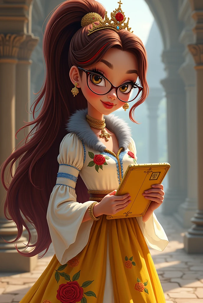 Imagem da filha da Ramona Badwof e da Rosabella Beauty de Ever After High: A long wavy brown ponytail with red streaked bangs, first of all, light brown eyes, brown glasses with a red rose, long white blouse with blue, with red roses on the blouse and sleeves, yellow skirt with golden roses, a faux fur collar around the neck of gray color, wolf earrings, wolf necklace,brown high heel boots with roses, golden flower tiara on head, You have to be holding a yellow tablet with red roses in your hands, You have to have red highlights in your hair, cannot have wolf ears on the head and in the hair, I don't want her to have wolf ears