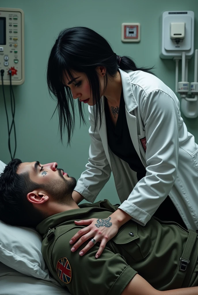 A military soldier, He's hurt, as a female doctor, de cabelos pretos, Caucasian skin, tattooed, black clothes and a white coat is doing his dressings.