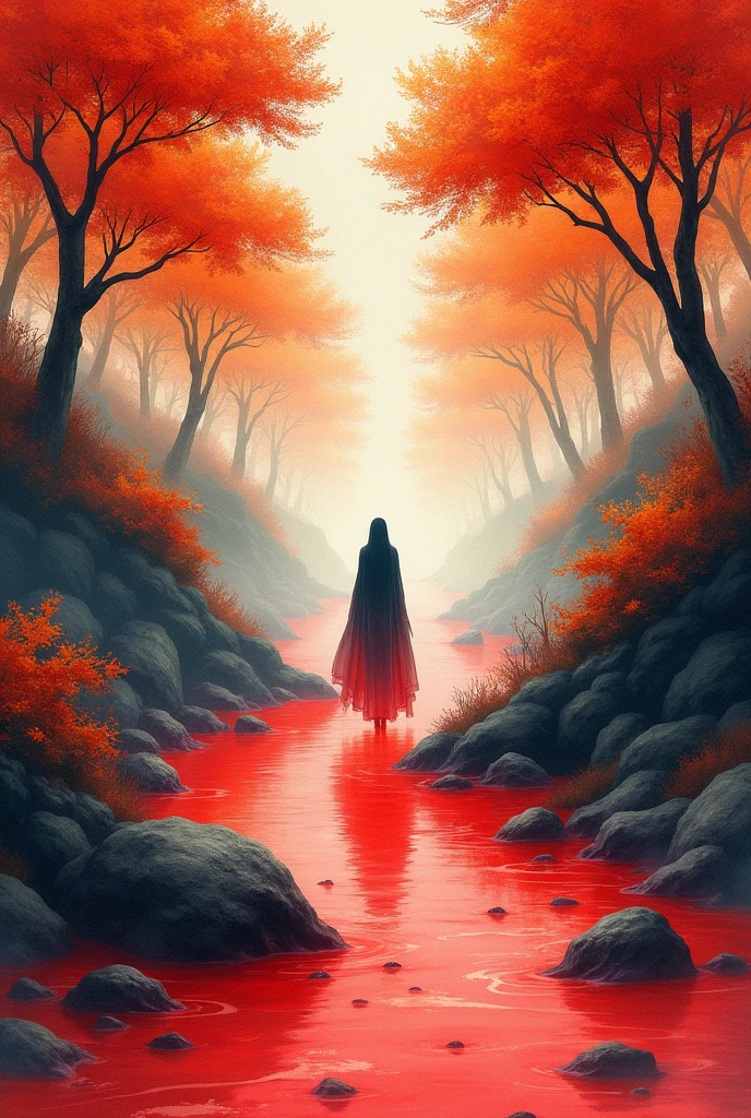 Dyed in autumn leaves、Flowing water、Looks red。 Once upon a time、god々A view never seen before。 Bright red water、It is flowing。 Such an era、He's alive.。Japan、Watercolor