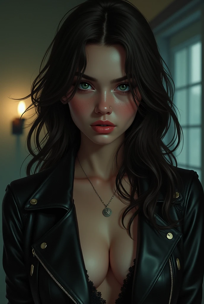 create the illustration in the GTA V loading style illustration of a young woman who looks 1, very dark brown wavy hair, large divided sideways, very white skin and slightly pink cheeks and light green eyes, wearing leather jacket, your fatal and sexy and serious look, Her sexy expression, low lighting. thriller atmosphere. Music room background 