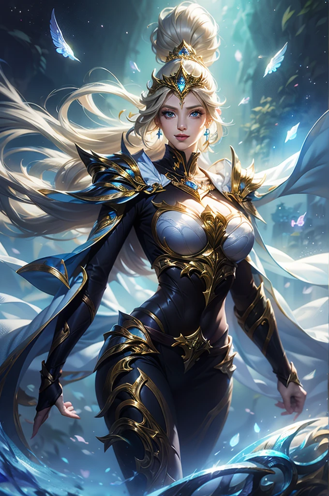 Ultra HD、Ultra-clear、White and beautiful translucent skin、Beautiful and well-proportioned face、Cute smile、Saint Seiya of Libra、Covers the whole body in silver armor、A holy knight in silver armor、Platinum tiara、Silver armor covered in flashy carvings、Heavy silver armor、Beautiful clear blue eyes、Blonde Short-Haired、Big Breasts、Outer space background、ponytail、