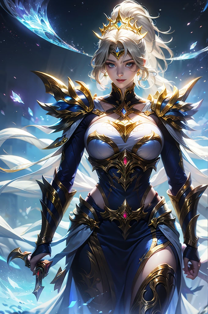 Ultra HD、Ultra-clear、White and beautiful translucent skin、Beautiful and well-proportioned face、Cute smile、Saint Seiya of Libra、Covers the whole body in silver armor、A holy knight in silver armor、Platinum tiara、Silver armor covered in flashy carvings、Heavy silver armor、Beautiful clear blue eyes、Blonde Short-Haired、Big Breasts、Outer space background、ponytail、