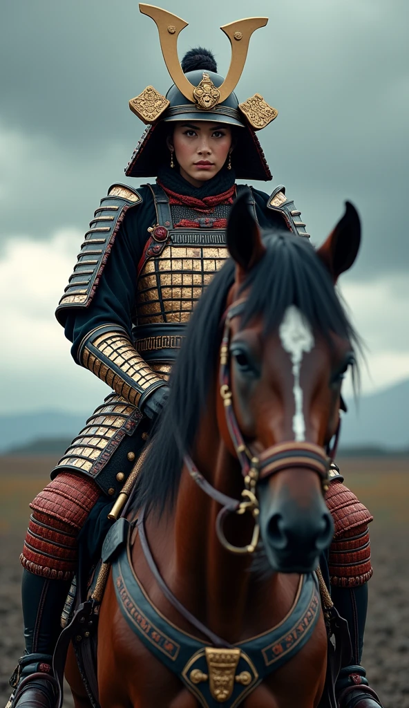 beautiful samurai lady in intricate full armor, perched on a majestic horse, desolate landscape stretching behind, dramatic clouds overhead, sharp focus on armor details, rich colors in high resolution; Photo with 85mm lens, Shallow depth of field; 8K resolution, cinematic lighting, professional photograpy, hyperrealisti, captivating composition