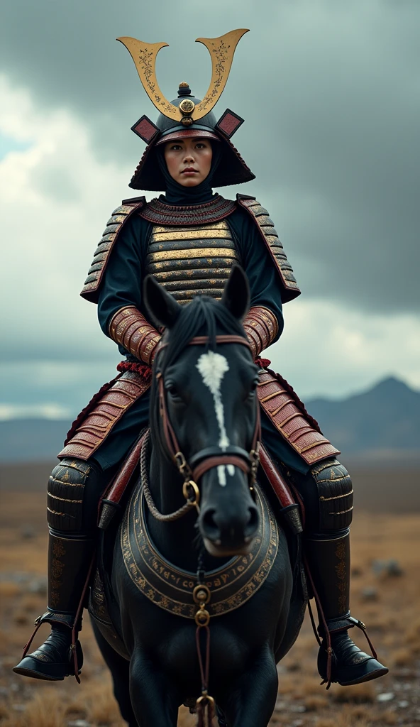 beautiful samurai lady in intricate full armor, perched on a majestic horse, desolate landscape stretching behind, dramatic clouds overhead, sharp focus on armor details, rich colors in high resolution; Photo with 85mm lens, Shallow depth of field; 8K resolution, cinematic lighting, professional photograpy, hyperrealisti, captivating composition