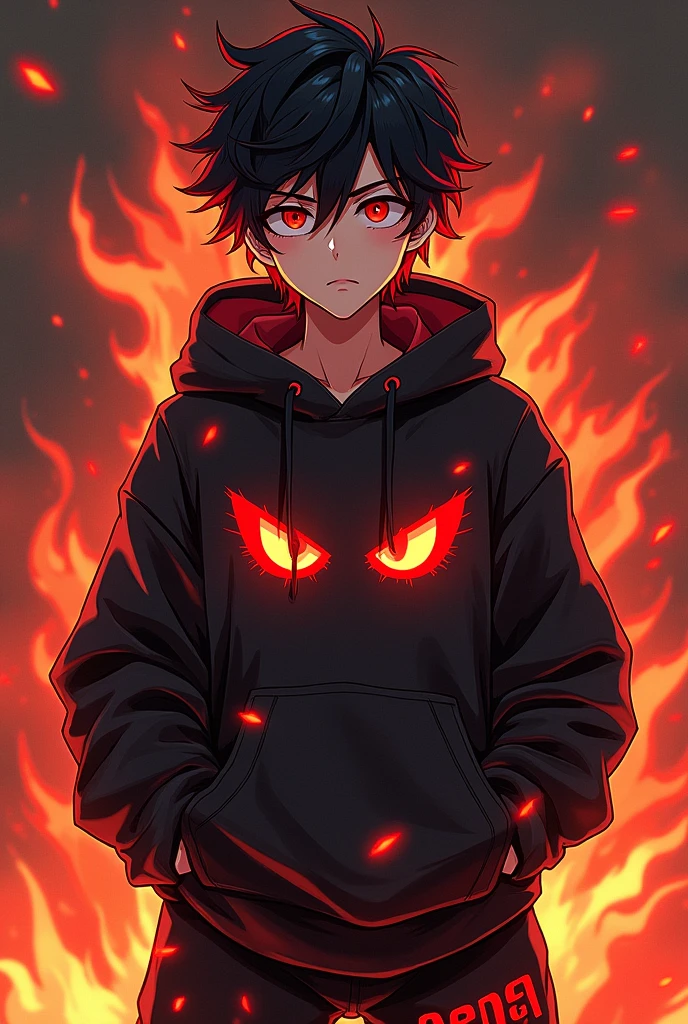 An anime boy Who has a sweatshirt Who has red eyes on the sweatshirt Black and red hair Fire behind him Who has black pants Who has the word e on the pants.m.p dêmøn