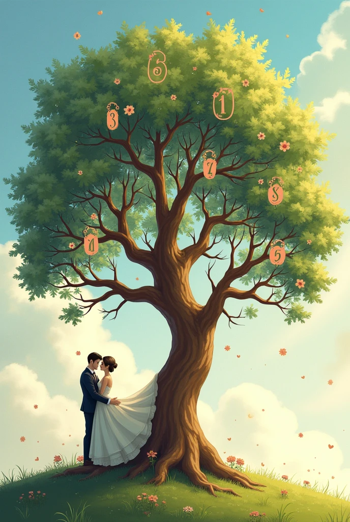 create a wedding guest tree, with several numbers on the branches of the tree and a couple sitting on the lower branches