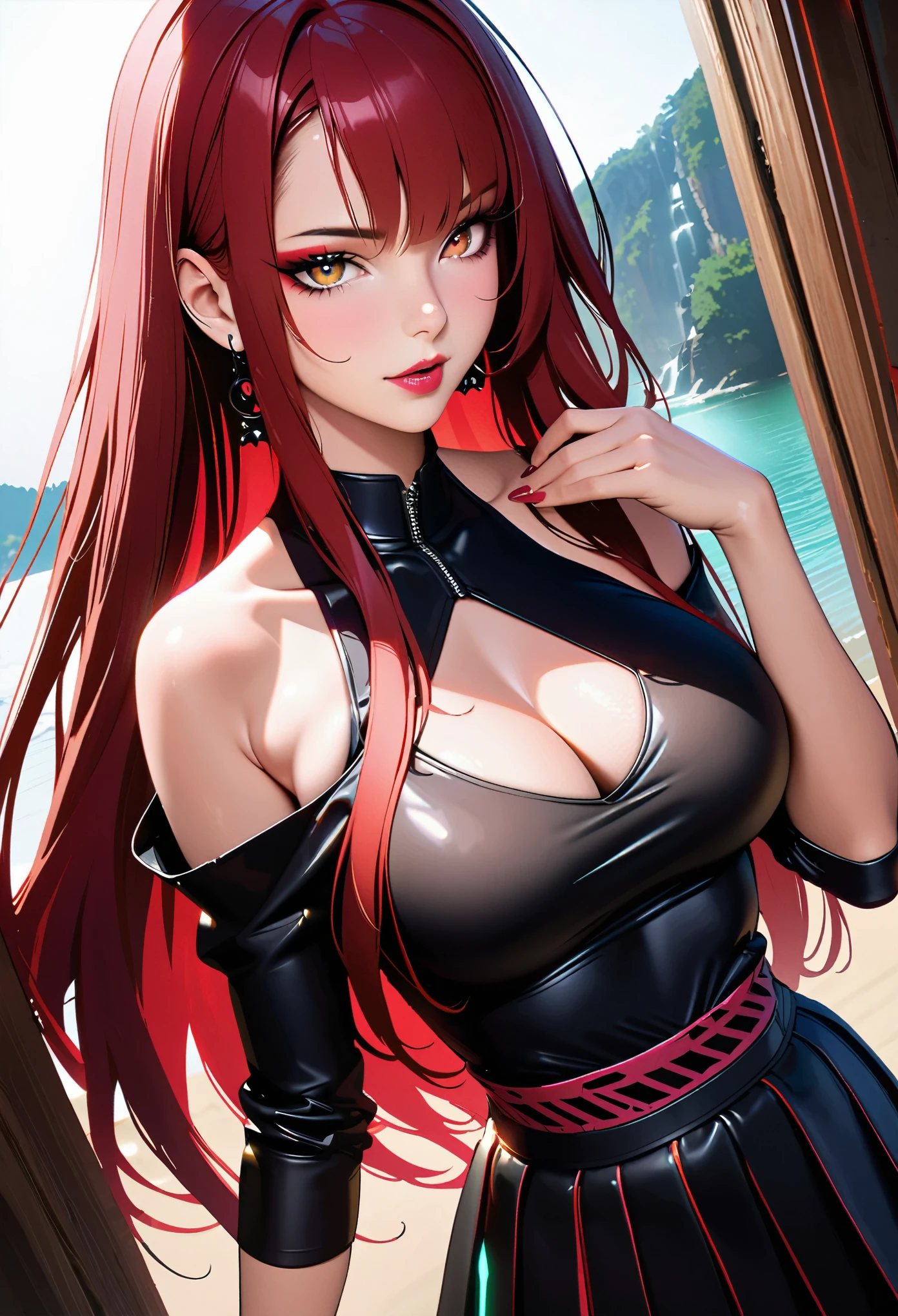 Artwork), (Portrait), Big Breasts (Aesthetics), ((2 Beautiful Girl)) (Adult Mature Girl) (Sexy Mature Body) (Very Beautiful Body), ((Long Straight Hair Parted)  ), ((Beautiful punk hair and natural red hair))), thin and open eyes, brown eyes, large round breasts, one female, woman, one female features, high quality, Roubas aesthetics, professional angle, (rule of thirds), female features  Single, standing alone, (attractive Korean woman), summer, (ink mist), (afternoon), (vibrant light), seductive pose, ((man looking)), white off-shoulder blouse, long sleeve, hip-hop blouse  Long, Knife Pleated Skirt, Beautiful and Elegant Black Skirt ((Energy)), (Bold Makeup), (Medium Breasts), Shiny Skin, (Hip-Hop Detail Clothes), (Beautiful Clothes), (Exquisite Neckline), Nice Body  , Gorgeous Eyes, Glowing Eyes, Seductive Smile, Beautiful Mouth, Beautiful Lips, (Best Quality, Highly Detailed, Realistic: 1.39), Bright and Vibrant Colors, Studio Lighting, Romantic Expression, Seductive, Seductive, In the Wooden Cabin, Waterfall in the Distance  , cute girl pose, Chinese garden
