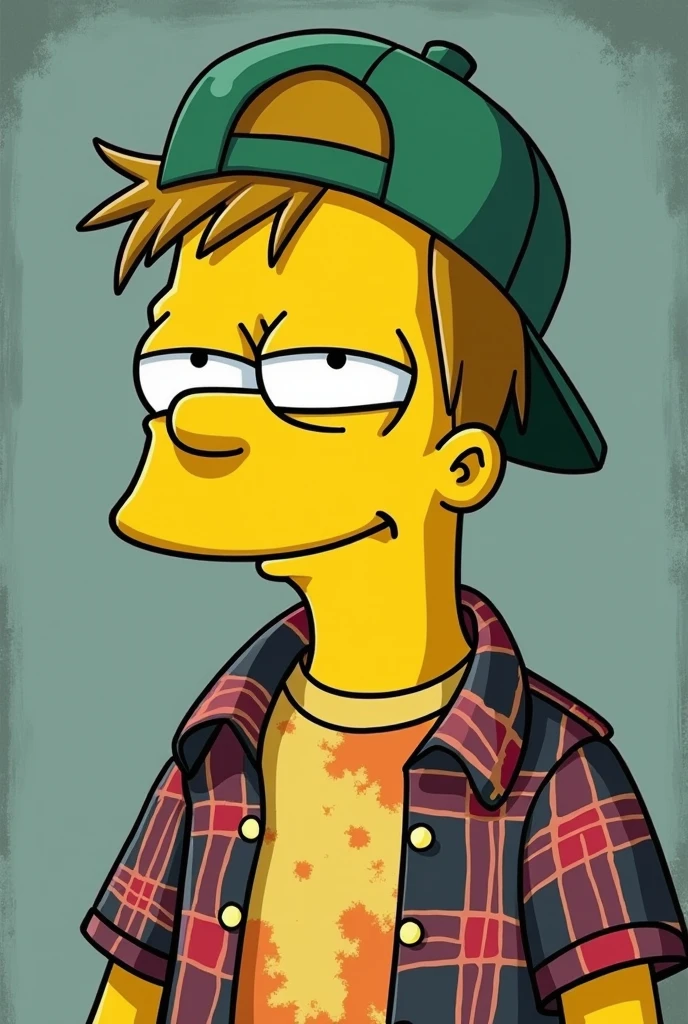 photo Bart older grunge style tie dyed yellow smile cap backwards green day long plaid shirt with drawing lines little definition relaxed eyes relaxed yellow color relaxed drawing