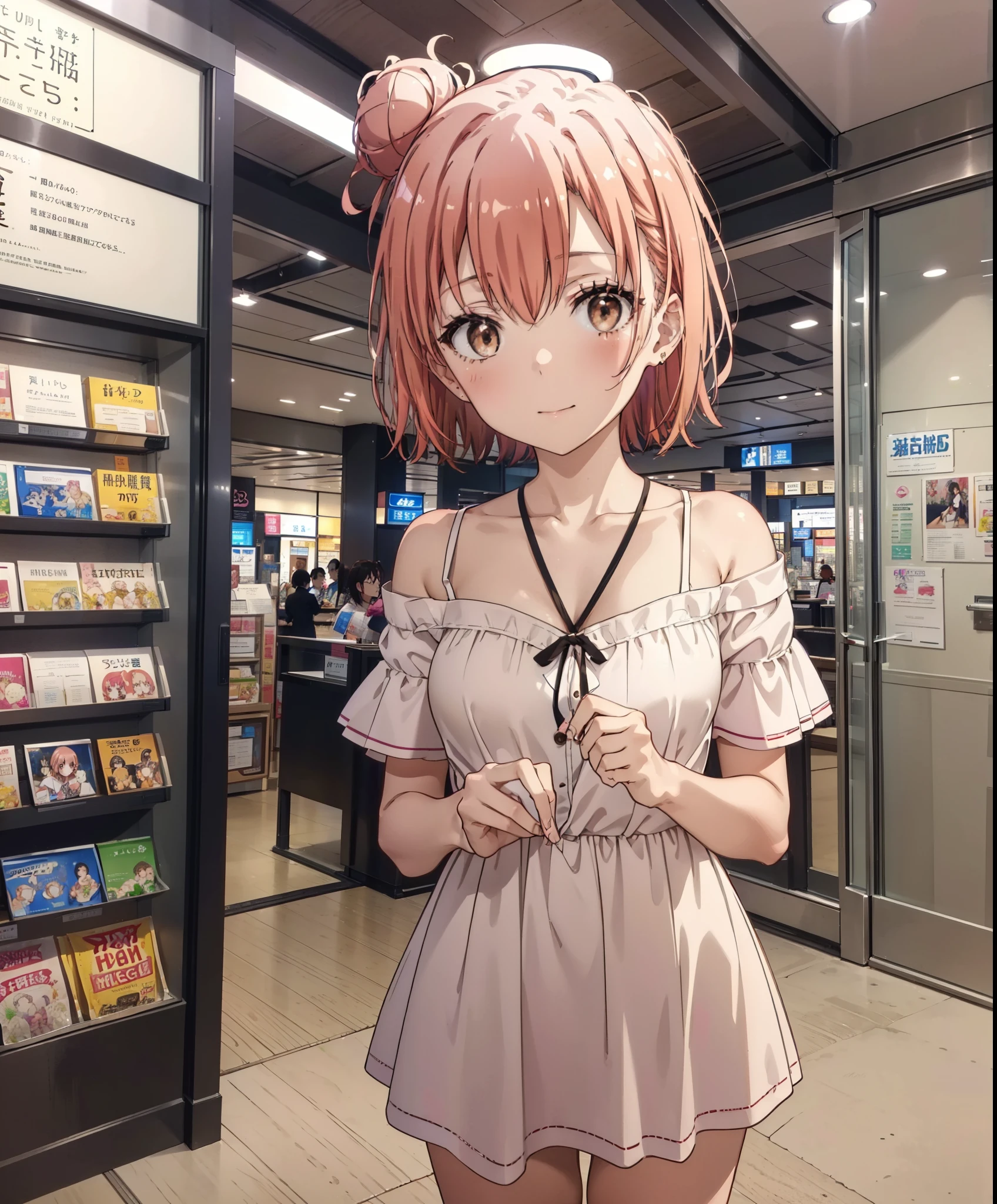 yuiyuigahama, yui yuigahama, short hair, (Brown eyes:1.5), (Pink Hair:1.2), Hair Bun, single Hair Bun,Big Breasts,smile,blush,Open your mouth,Off-the-shoulder dress,Exposing shoulders,bare clavicle,Bare neck,Rocket Pendant,mini skirt,Cute heeled sandals,Daytime,sunny,walk,whole bodyがイラストに入るように,
break indoors,Shopping mall,
break looking at viewer, whole body,
break (masterpiece:1.2), Highest quality, High resolution, unity 8k wallpaper, (shape:0.8), (Beautiful attention to detail:1.6), Highly detailed face, Perfect lighting, Extremely detailed CG, (Perfect hands, Perfect Anatomy),