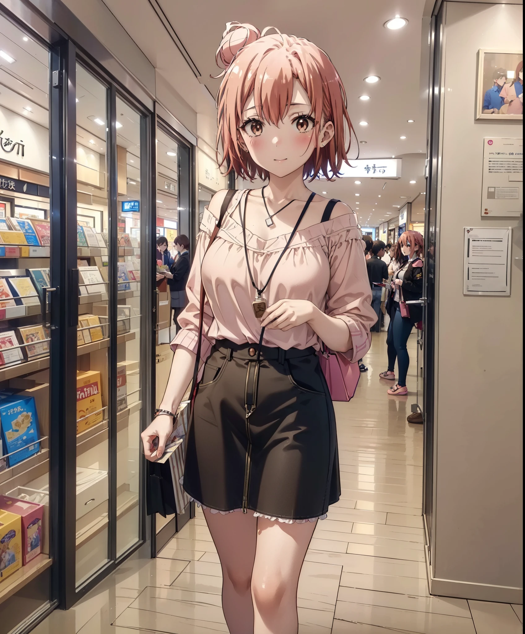 yuiyuigahama, yui yuigahama, short hair, (Brown eyes:1.5), (Pink Hair:1.2), Hair Bun, single Hair Bun,Big Breasts,smile,blush,Open your mouth,Off-the-shoulder dress,Exposing shoulders,bare clavicle,Bare neck,Rocket Pendant,mini skirt,Cute heeled sandals,Daytime,sunny,walk,whole bodyがイラストに入るように,
break indoors,Shopping mall,
break looking at viewer, whole body,
break (masterpiece:1.2), Highest quality, High resolution, unity 8k wallpaper, (shape:0.8), (Beautiful attention to detail:1.6), Highly detailed face, Perfect lighting, Extremely detailed CG, (Perfect hands, Perfect Anatomy),