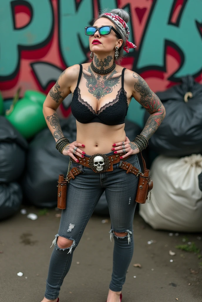 russian old milf woman, grey hair (bouffant, top bun) and oversized square sunglasses and wide colourful bandana as headband, with very light green eyes, extremely pale. Big lips. Black lace push up bra, silicone breast,, dark worn skinny low rise grey jeans with holes on knees ( patched with colourful fabric). Flip flops. Lots of thick wide studded bracelets, chain collars and big rings. Tacky wide studded leather belt with big skull and bones oval buckle. Two pistol holsters hanging from crossed loose belts,. Long earrings with chains and feathers. Standing with legs apart, hands on her hips, stretching her neck and looking up in surprise craving., Neck, chest, stomach and wrists heavily tattoed. Toned abdominals, thin neck, slim legs and thin arms. Narrow hips Graffitied wall behind, waste on the ground and piled garbage bags around. Seen from above