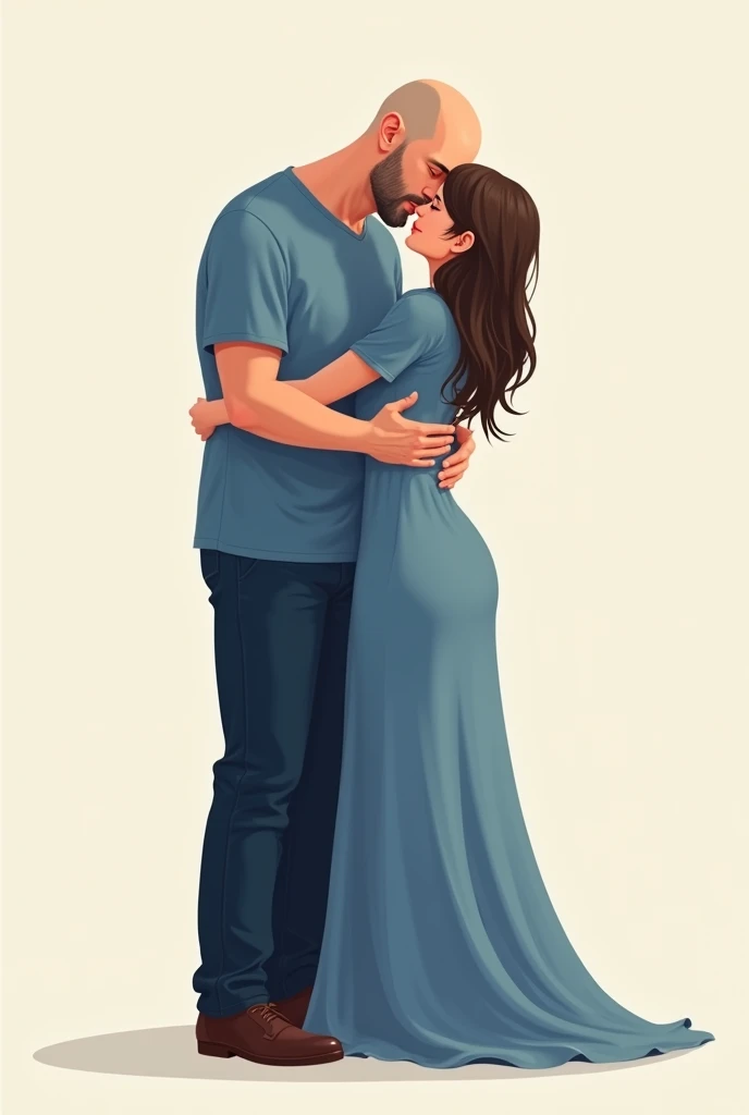 A 70 kilo 30 year old bald man of 1.60 tall dressed in a blue t-shirt and pants and formal shoes hugging a 1.55 tall and 55 kilos wearing a long blue dress.