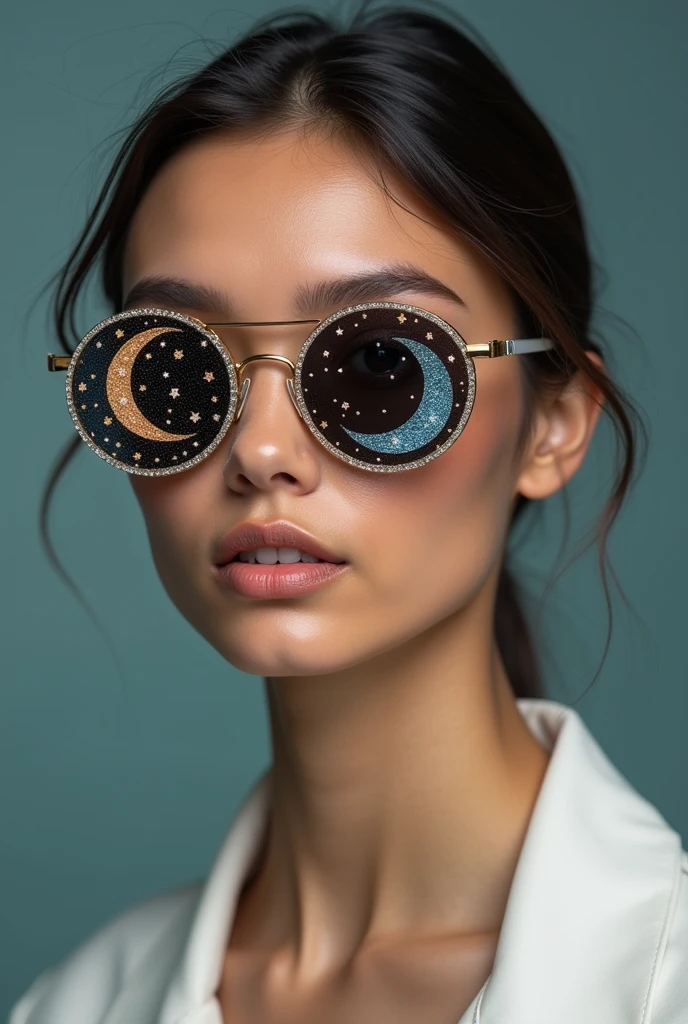 The model is wearing glass sunglasses with stars and the moon on the glass