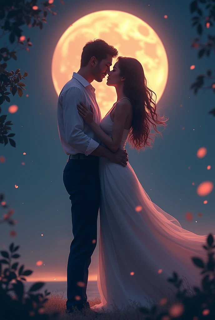 Image of a couple making love with the moon and the number 02 in the animated background 