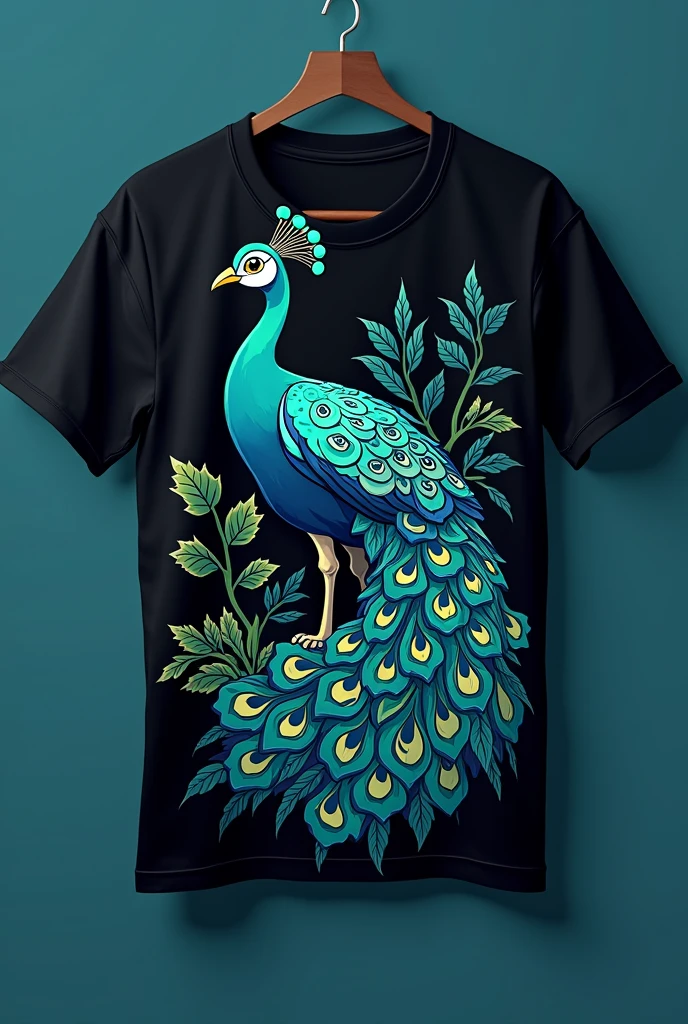 Quero umThe shirt de time preta com azul e verde junto, with a peacock as a mascot that is average, nem mt grande nThe shirt e nem pequeno, The shirt, make a not so realistic peacock, make a different design with the peacock and shirt, Let's go for some blue and green colors