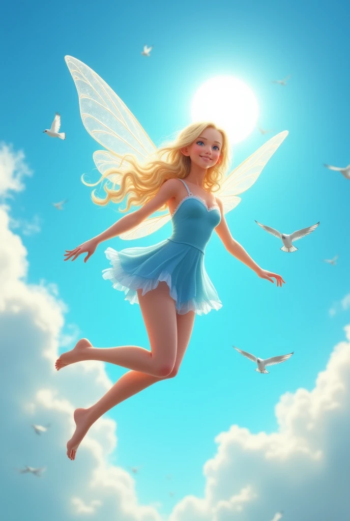 (fotorrealism:1.2), full body view, Beautiful female fairy, small pointy ears, clear transparent wings, bare feet, flying in a beautiful blue sky with birds around and a radiant Sun, wearing a blue dress with white details, skirt short, long curly hair, blonde, lighting sun, soft lighting, cheerful pose, realisitic, details Intricate, warm colours, 8k, use your sophisticated skills to bring this graceful image to life