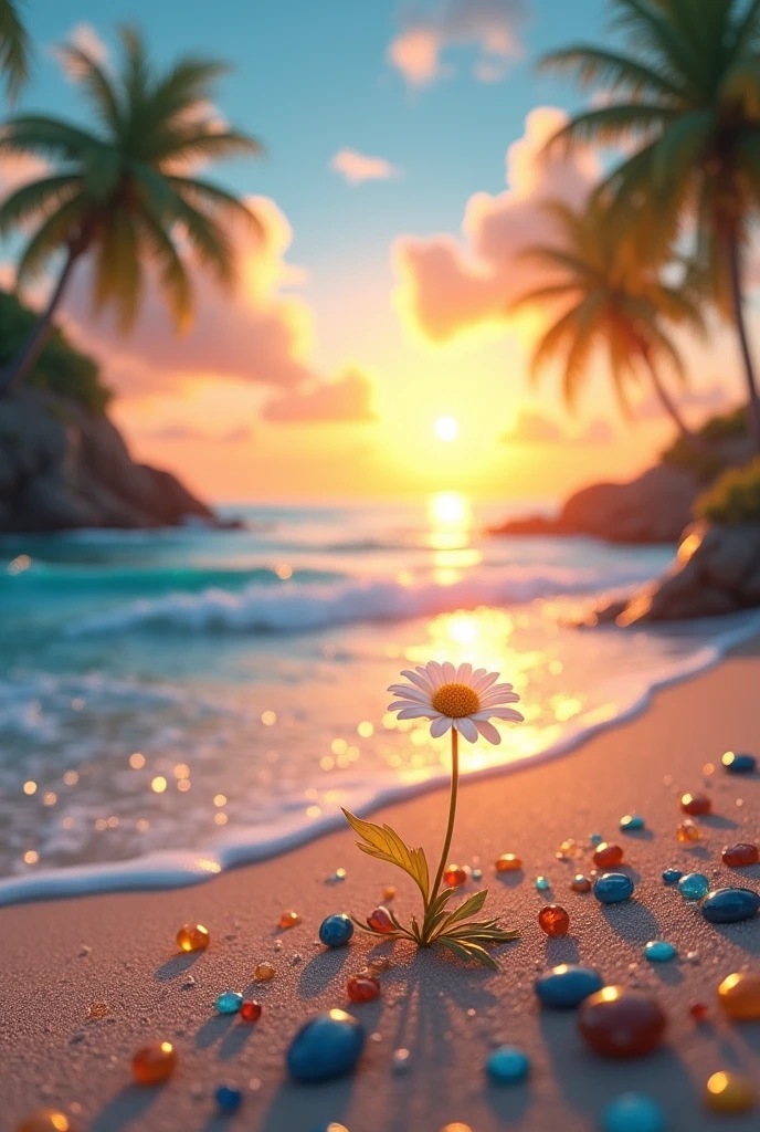 Create a beautiful sunset seaside scene。The sky has a beautiful gradation from blue to orange.、Soft clouds are drifting in the air。The beach is dotted with colorful pebbles and glass-like beads.、The sparkling water surface is sparkling and reflective。In the foreground of the beach、There is a single white daisy、Highlights the beauty of nature。In the background、Palm trees swaying in the wind々and、The sea spreads out before you as the sun sets on the horizon.。