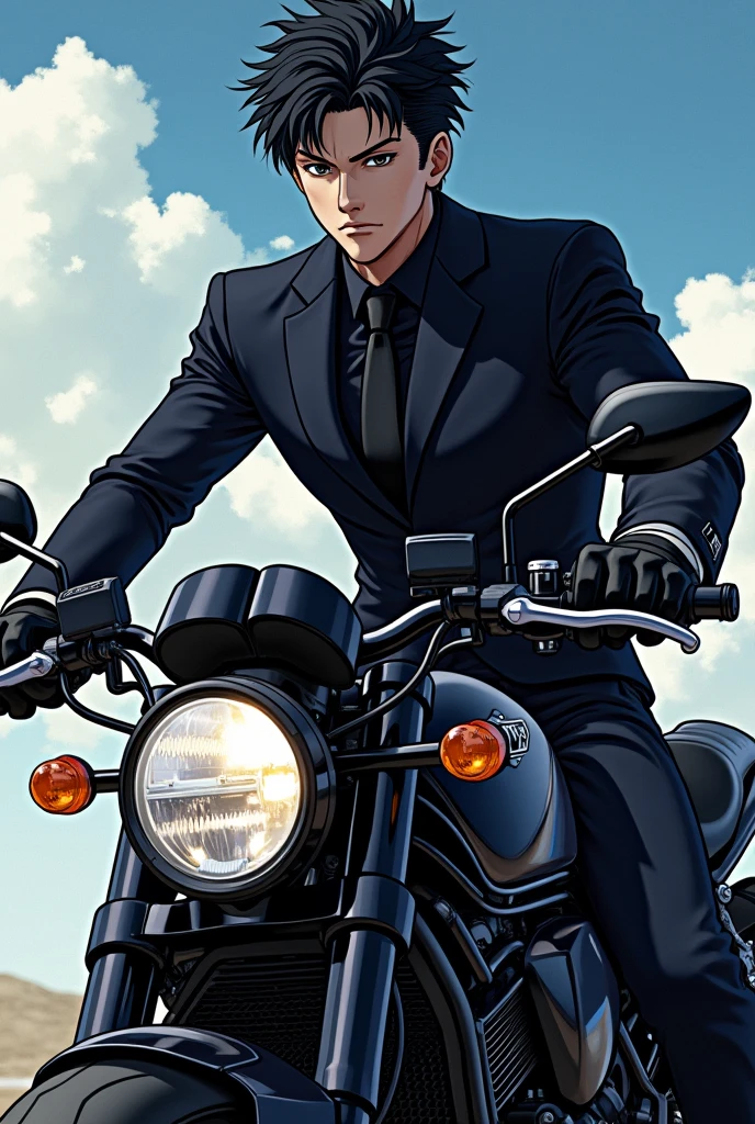 (masterpiece)(good quality)
Handsome, Gojo saturo, a big bike like ninja kawasaki with his usually black suit