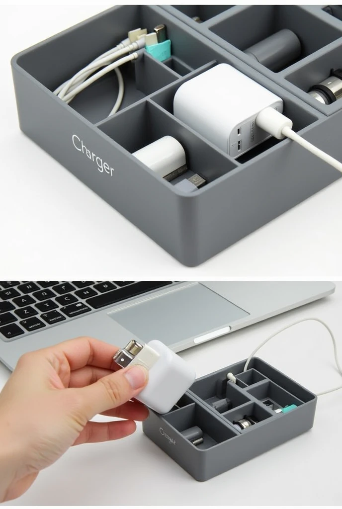 A small, portable plastic box that has 6 compartments in which cell phone chargers can be stored.