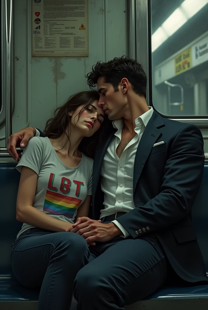 marvel art, a 20 year old sad female wearing lgbt shirt lap sitting a suited fit masculine beautiful manspreading male in the subway