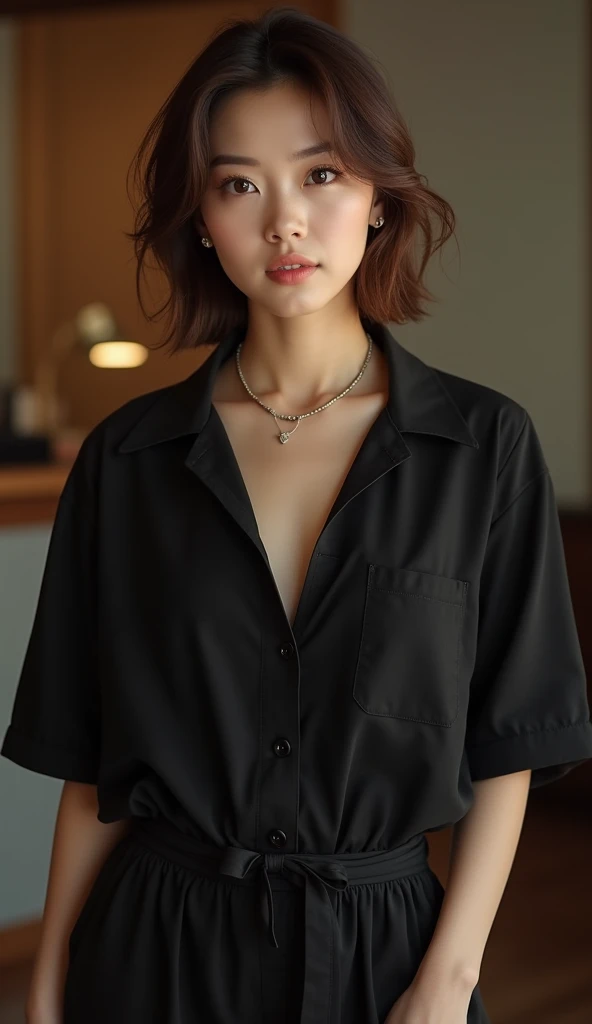 Highest quality, Very detailed, masterpiece, 1 person,Japanese women,(((Perfect female body))),Very beautiful face, Very beautiful body,Gentle expression, Very beautiful eyes,(Perfect Makeup:1.1),Big Breasts,40s、short hair、Brown Hair:1.3, Big Breasts、Soft body、黒いモノトーンビッグサイズShort sleeveシャツ,Ankle Pants,necklace,anklet,A kind smile,Full body portrait,(indoorの背景:1.3), (Glowing Skin),(Earrings),indoor、cute、Short sleeve
