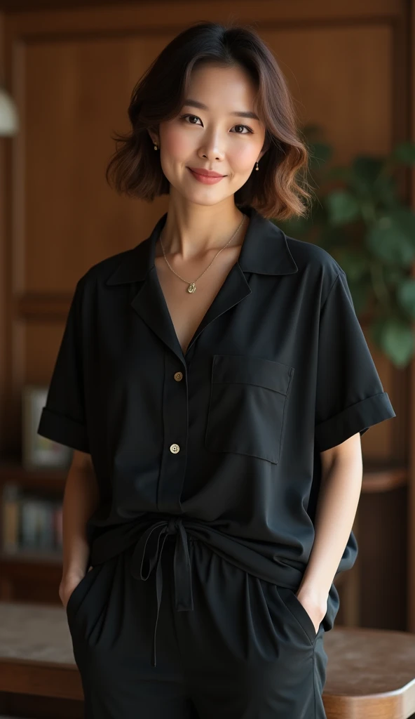 Highest quality, Very detailed, masterpiece, 1 person,Japanese women,(((Perfect female body))),Very beautiful face, Very beautiful body,Gentle expression, Very beautiful eyes,(Perfect Makeup:1.1),Big Breasts,40s、short hair、Brown Hair:1.3, Big Breasts、Soft body、黒いモノトーンビッグサイズShort sleeveシャツ,Ankle Pants,necklace,anklet,A kind smile,Full body portrait,(indoorの背景:1.3), (Glowing Skin),(Earrings),indoor、cute、Short sleeve