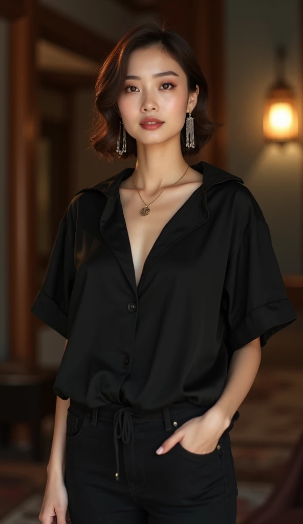 Highest quality, Very detailed, masterpiece, 1 person,Japanese women,(((Perfect female body))),Very beautiful face, Very beautiful body,Gentle expression, Very beautiful eyes,(Perfect Makeup:1.1),Big Breasts,40s、short hair、Brown Hair:1.3, Big Breasts、Soft body、黒いモノトーンビッグサイズShort sleeveシャツ,Ankle Pants,necklace,anklet,A kind smile,Full body portrait,(indoorの背景:1.3), (Glowing Skin),(Earrings),indoor、cute、Short sleeve