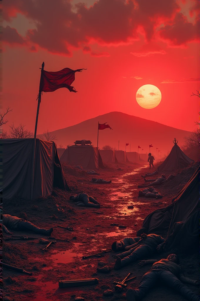 scenery: An open plain at the foot of a hill, marked by the remains of a recent battle. The ground is stained with blood and covered with fallen weapons and bodies., both soldiers and rebels. The rebels' makeshift tents are in disarray, and a broken banner flutters weakly in the wind. on the horizon, The sun begins to set, dyeing the sky a deep red,