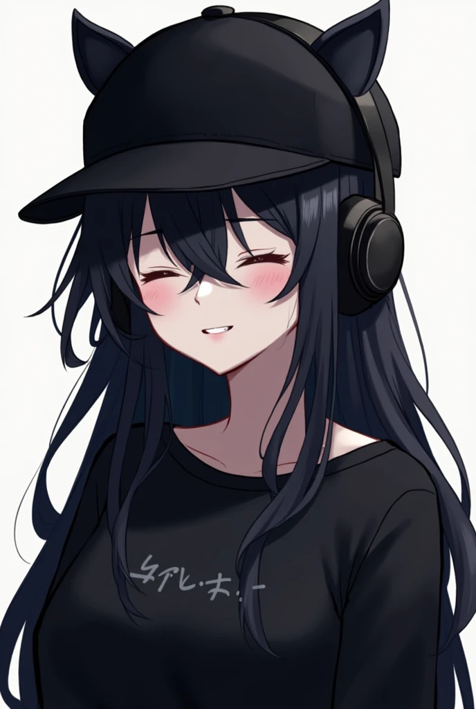Female character with long black hair, black headphones, black cap with ears, one folded in half and the other standing up, her eyes closed and happy, emo shirt