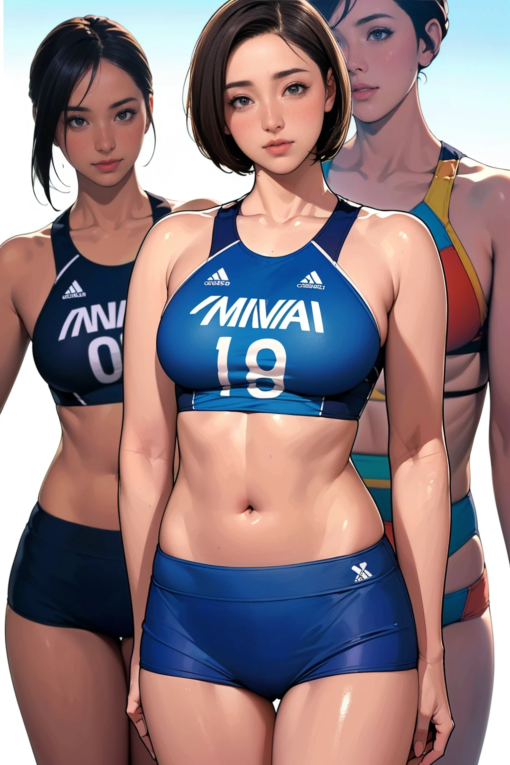 (Two Women),(Two beach volleyball players standing side by side:1.5),(Japanese),(Same beach volleyball team:1.5),(Beach volleyball bikini:1.3),(Wearing the same thing:1.5),(short hair:1.3),rest(whole body:1.5),(Beautiful Eyes),(Pretty face),(Very detailedな顔:1.5),(Very detailedな女性の手:1.5),(Sunburn:1.3),(Muscular:1.3),(Thick thighs:1.5),(Clear blue sky in the background:1.2),(((Blurred Background:1.5))),(Soft lighting:1.5),(Depth of the written border:1.5),rest(((masterpiece:1.5),(Highest quality:1.5),(Very detailed:1.5),(High resolution:1.5),(practical:1.5),(practical:1.5))),8k