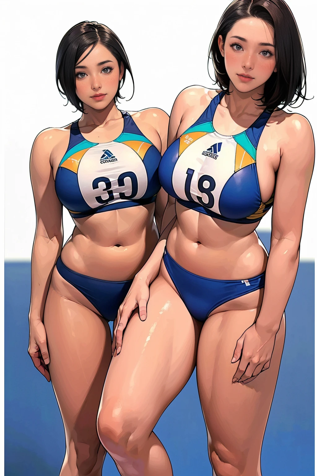 (Two Women),(Two beach volleyball players standing side by side:1.5),(Japanese),(Same beach volleyball team:1.5),(Beach volleyball bikini:1.3),(Wearing the same thing:1.5),(short hair:1.3),rest(whole body:1.5),(Beautiful Eyes),(Pretty face),(Very detailedな顔:1.5),(Very detailedな女性の手:1.5),(Sunburn:1.3),(Muscular:1.3),(Thick thighs:1.5),(Clear blue sky in the background:1.2),(((Blurred Background:1.5))),(Soft lighting:1.5),(Depth of the written border:1.5),rest(((masterpiece:1.5),(Highest quality:1.5),(Very detailed:1.5),(High resolution:1.5),(practical:1.5),(practical:1.5))),8k