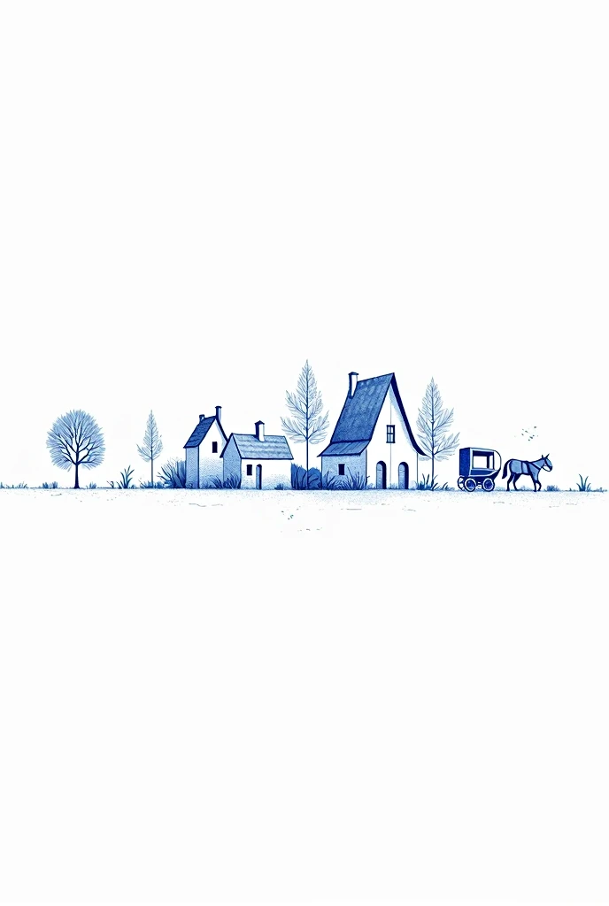 a drawing on a white background, with lines drawn in blue pencil, only the lines without filling, representing the medieval era, WITH HOUSES, many trees with leaves and carriage