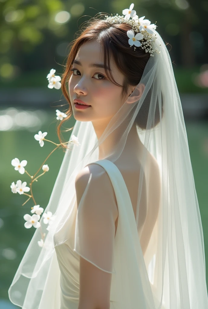 Bride wearing satin wedding dress with delicate white flowers printed on it