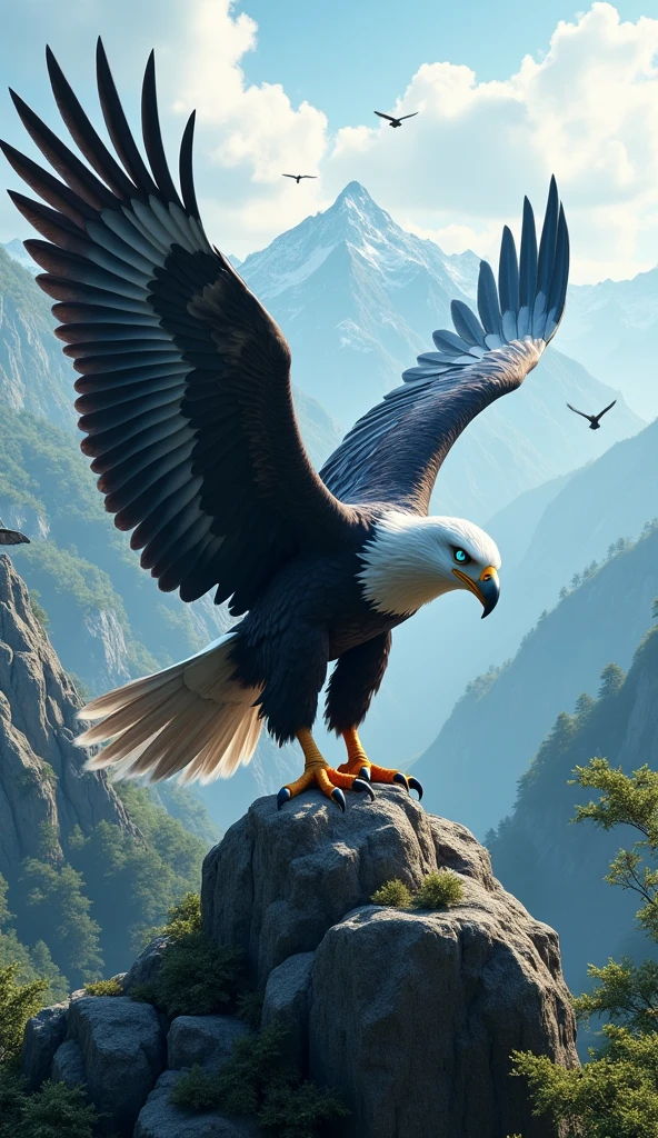 Create a beautiful ultra realistic blue-eyed imperial eagle 8k full hd in a landscape standing out from other birds 