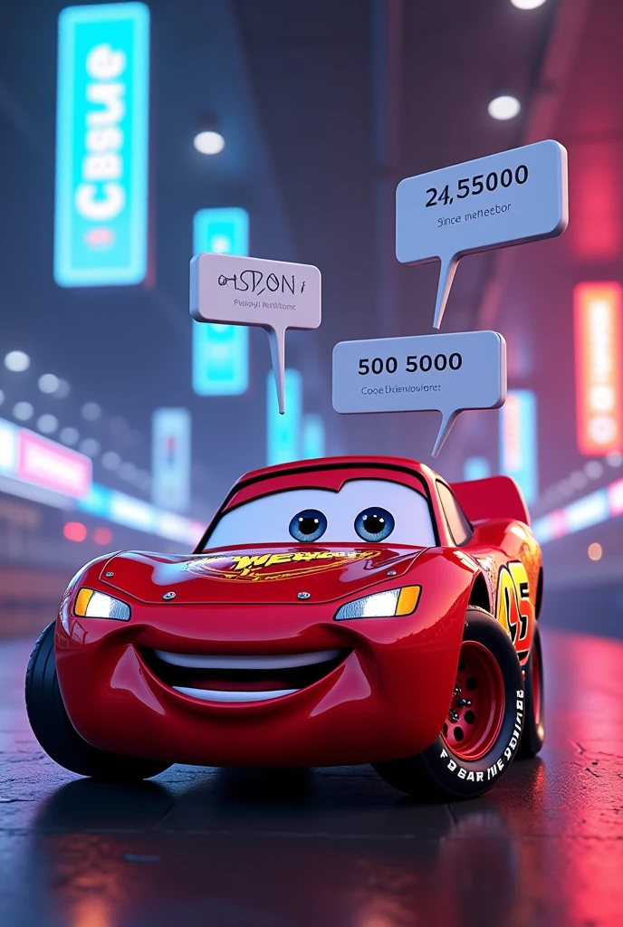 McQueen is intrigued, but doesn't quite understand what these statistics are.
colors: Vibrant, metallic hues to capture the excitement of racing and the shine of cars.
Personagens: Faithful to the style of the movie Cars, focusing on the vehicles' facial expressions.
texto: Speech bubbles that capture the spirit of the film, with some simple explanations about statistics integrated into the dialogue.