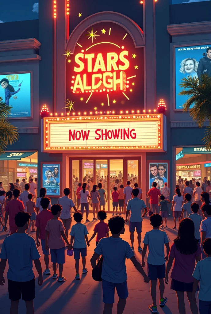 Imagine a scene outside a popular cinema in a busy city in the Philippines, like Manila, during the evening. The theater’s marquee displays "Stars Align" in large, glowing letters, along with the phrase “Now Showing.” Posters of the movie, featuring its stars and key scenes, are plastered on the theater walls.A crowd of excited moviegoers, including families, groups of friends, and couples, is gathered outside. Some are taking selfies with the movie posters, while others are holding tickets and wearing "Stars Align" T-shirts or carrying posters. Street vendors nearby are selling local snacks like popcorn, roasted peanuts, and soft drinks, adding a familiar Filipino touch to the scene.The theater's entrance is adorned with decorations like star-shaped lights and banners celebrating the movie’s success. Digital billboards around the area are playing clips and trailers from "Stars Align," heightening the anticipation. As people leave the theater, they look happy and animatedly talk about the movie, reflecting its positive reception. This lively scene, set in the Philippines, showcases the excitement and popularity of "Stars Align" as a hit movie.