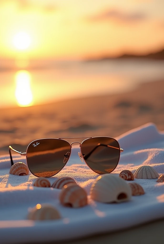 (photorealism:1.2), small seashells and a pair of Rayban sunglasses on a beach towel at sunset