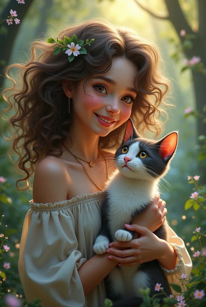 A  with curly hair smiling and a magical cat 