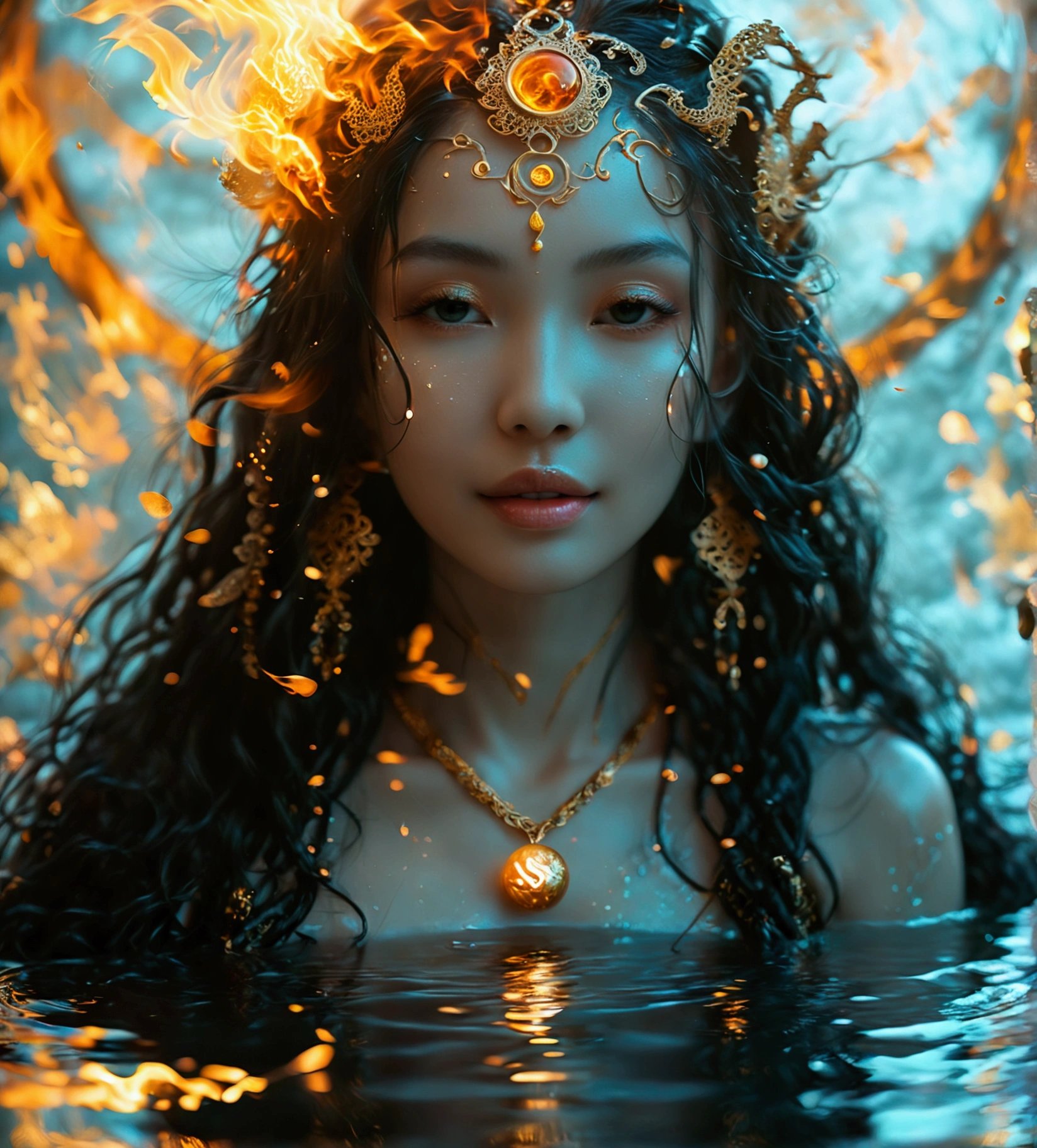 (A serene and powerful goddess:1.4), (embodying the balance of yin and yang:1.5), (half of her form bathed in soft, cool moonlight:1.4), (the other half glowing with warm, golden sunlight:1.4), (long, flowing hair blending black and white strands:1.3), (elegant robes with intricate patterns representing both darkness and light:1.4), (floating gently above a calm, reflective pool:1.4), (one hand holding a glowing orb of yin energy:1.4), (the other holding an orb of yang energy:ntle smile on her face symbolizing harmony:1.4), (surrounded by swirling elements of fire and water, earth and air:1.4), (background of a tranquil, twilight sky merging day and night:1.4), (delicate and highly detailed facial features:1.4), (symbolic imagery of balance and duality woven into her attire:1.4), (soft, ethereal light illuminating her form:1.3), (highly detailed and balanced composition:1.4), (surreal, dreamlike atmosphere:1.3), (vibrant and harmonious color palette:1.4)
