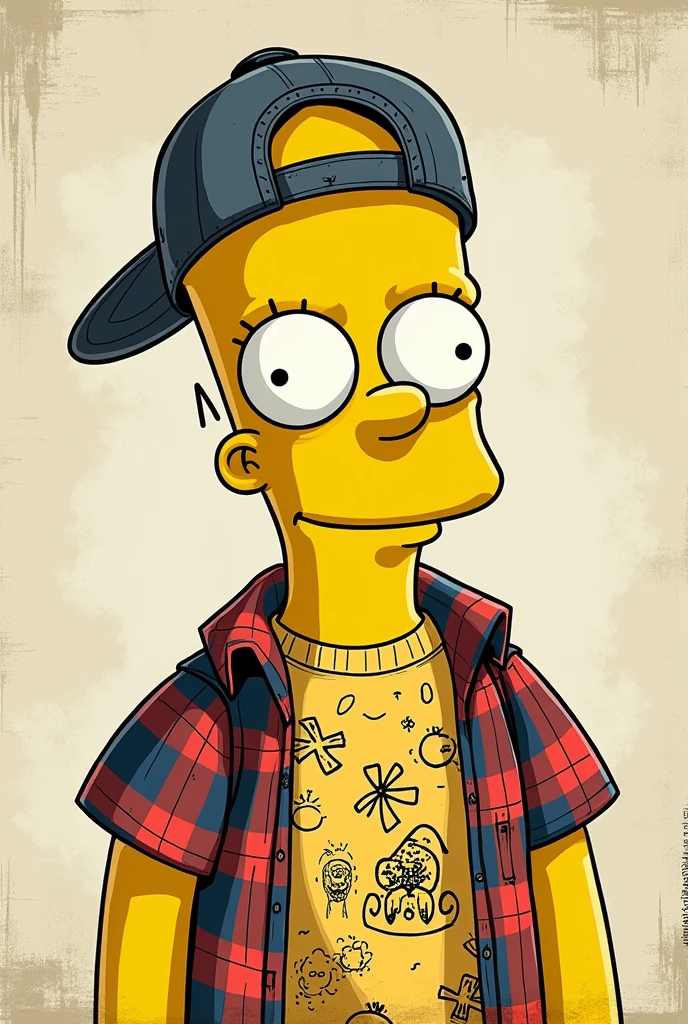 photo Bart older grunge style tie dyed yellow smile backwards cap green day long plaid shirt with drawing lines little definition relaxed eyes relaxed yellow color relaxed drawing low quality drawing 
