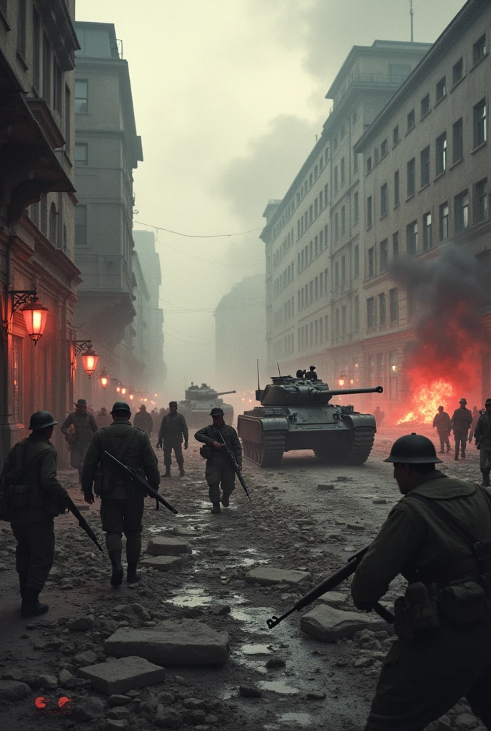 A chaotic and destructive battle scene in the streets of Berlin, with Soviet soldiers advancing through rubble-strewn streets, tanks rumbling forward, and buildings reduced to ruins. German soldiers, some barely , mount a desperate last stand, while civilians huddle in fear.