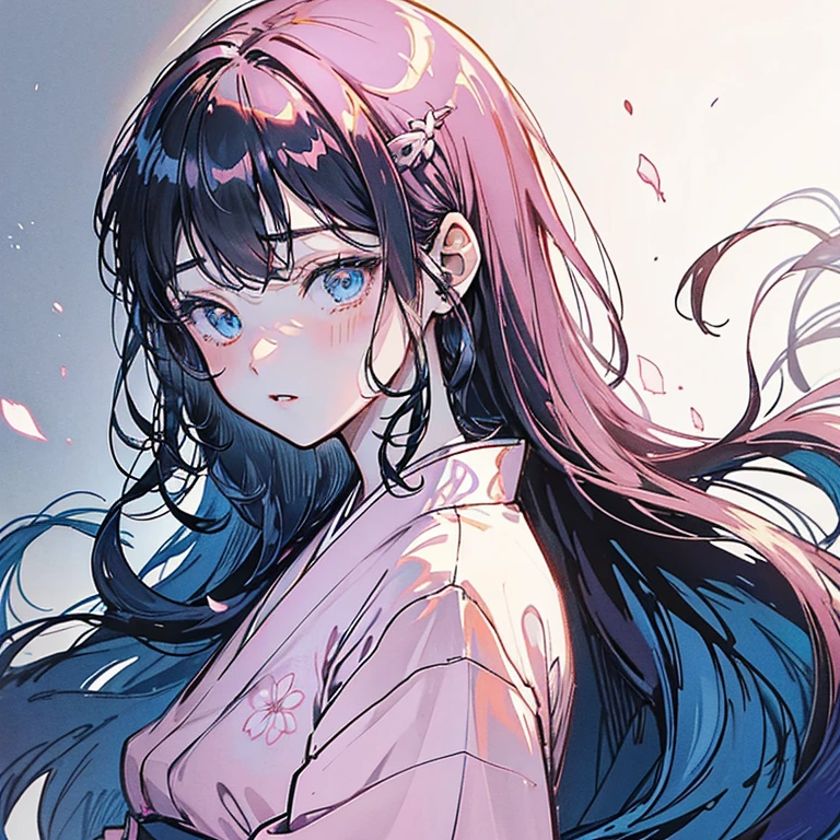 Manga; demon slayer style drawing; pink skin; long, smooth, black hair; large ocean blue eyes; soft, deep, innocent, pure, slightly melancholy look; long black lashes; fine and delicate features with some charming innocence; small and pretty face; small fine nose; thin pink lips; soft jaw; small chin; Soft, cute cheeks. Measure 1m64; small slim silhouette, slender and soft. Wearing pretty colorful yukatas, often with floral patterns. Style her hair behind her head with a Japanese hairpin; streaks falling around her face; has 2.