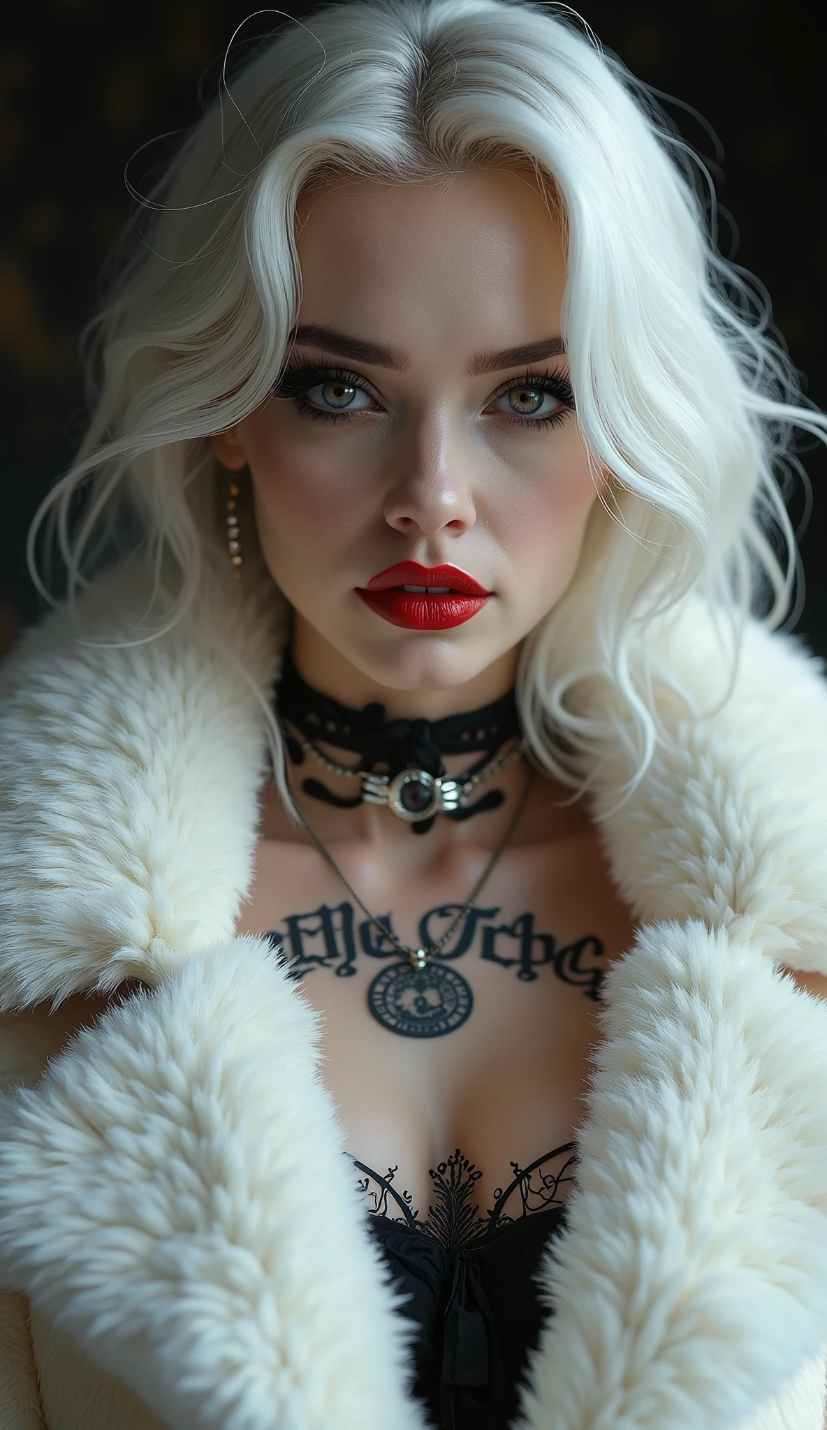 Ultra gorgeous woman with beautiful wavy white hair, gothic black makeup and lipstick, professional studio photography, 4K face resolution, soft smart blur, Gucci white fur fashion, stylish, alluring skin, erotic clothing, realistic curves, ultra realistic, ultra detailed, Masterful Render, inked tattoos, amazing background design, trending on artstation, sharp focus, studio photo, intricate details, highly detailed, by greg rutkowski