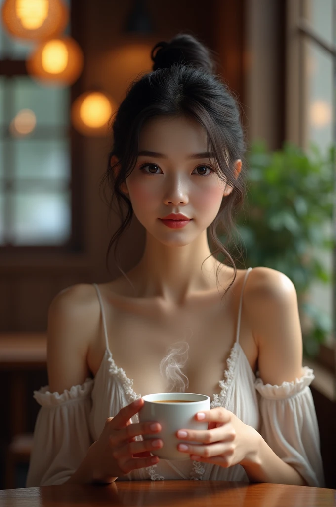 Asian woman drinking coffee