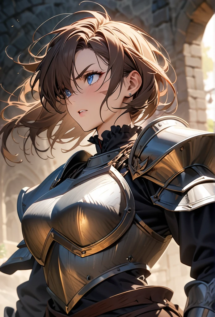 Create an anime-style, high-resolution digital portrait of a female knight in a dynamic pose. The character has short brown hair and piercing blue eyes, with a huge scar running across one eye. She wears old, worn-out simple steel plate armor, showing signs of many battles.The knight has a beautiful yet rugged appearance, with a tomboyish charm, muscular build, and well-defined six-pack abs.

The background is a medieval training field, slightly blurred to keep the focus on the character, using atmospheric perspective to enhance depth. This first-person view captures the knight's intense presence and the environment's mood. Ensure the highest quality with detailed textures, accurate features, and a masterpiece finish. Aim for 16k or 8k resolution to achieve an award-winning, ultra-detailed result.