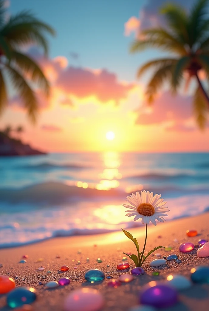 Create a beautiful sunset seaside scene。The sky has a beautiful gradation from blue to orange.、Soft clouds are drifting in the air。The beach is dotted with colorful pebbles and glass-like beads.、The sparkling water surface is sparkling and reflective。In the foreground of the beach、There is a single white daisy、Highlights the beauty of nature。In the background、Palm trees swaying in the wind々and、The sea spreads out before you as the sun sets on the horizon.。