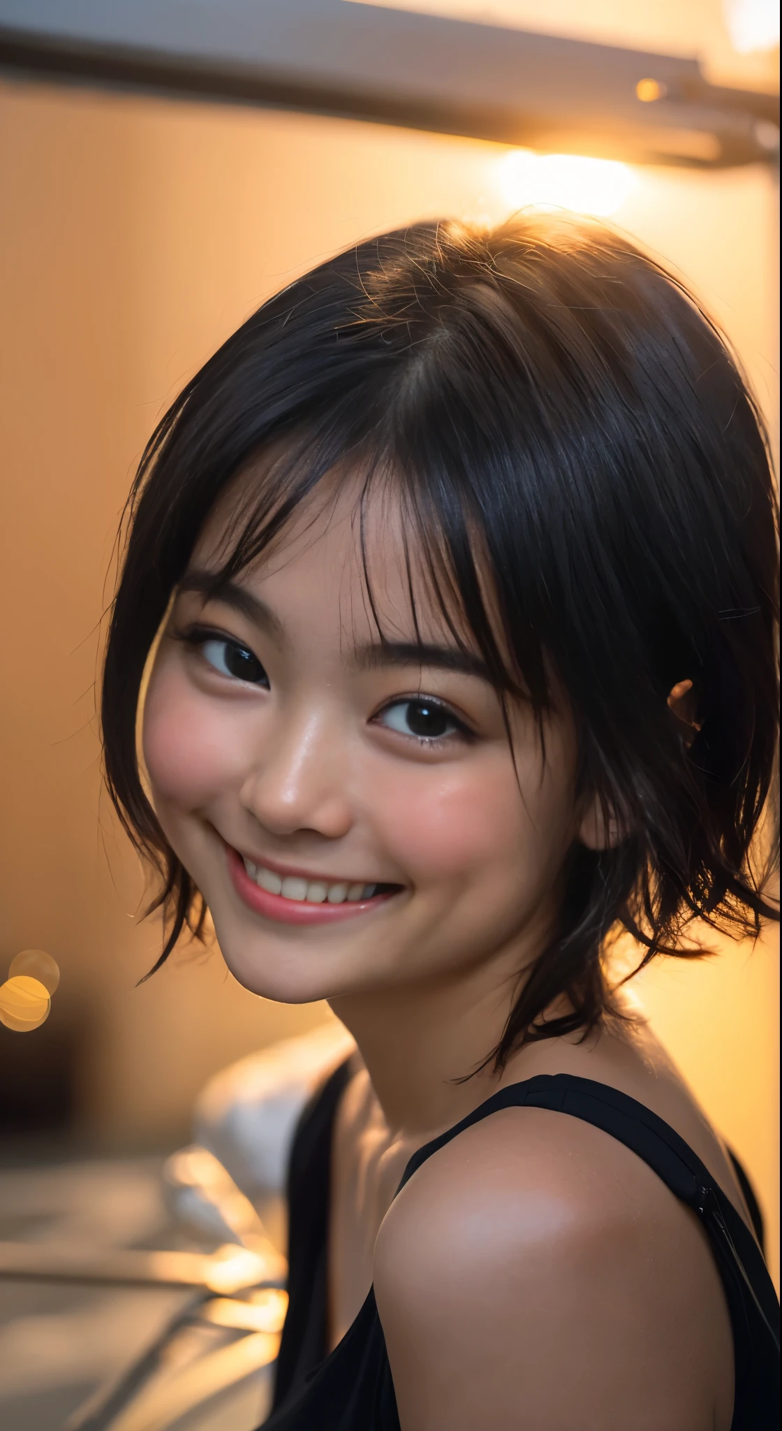 （8k、Raw photography、Highest quality、masterpiece：1.2),(Black Hair、Dark Eyes:1.9),(Short Hair:1.7)、View your audience,Front view,,(Dark Skin:1.4)、(Tight waist:1.6)、(Clothes that accentuate the shape of the breasts:1.4)、(Big Breasts :1.6)、Slim figure、Ultra-high resolution,beautiful,beautiful fece,(One person、No background:1.9),whole bodyボディー,Japanese women,（reality的：1.37）、Photon Mapping,reality、(Baby-faced and cute: 1.4)、(Cute Smile: 1.8)、(Round face: 1.8)、Radio City、Physically Based Rendering、Depth of field rally background、photograph, (:1.8),（:1.6）,whole body、Great quality